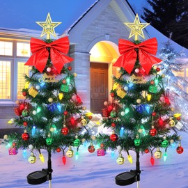 ASTNIC 2 Pack Solar Christmas Tree Decoration Outside, 36.6 Inch Waterproof Prelit Solar Christmas Tree with 40 LED Lights Ball Gift for Porch Cemetery Pathway Yard (Christmas Tree 2PCS)