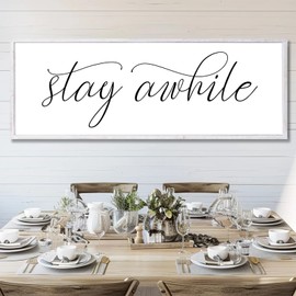 Rutiyoka Stay Awhile Sign Framed Farmhouse Dining Room Wall Decor Large 42"×15" Wood Kitchen Wall Art White