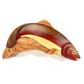 Handcrafted Rainbow Trout Wood Puzzle Box, All-Natural Wood Intarsia Art with Secret Compartment