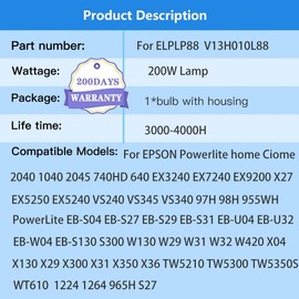 Suitable for ELPLP88/V13H010L88 Replacement Projector Bulb for Epson Powerlite Home Cinema 1040 2045 640 2040 740HD 97H 98H 99WH 955WH X27 W29 S27 VS240 EX3240 EX7240 EX9200 VS345 VS340 Lamp (200)