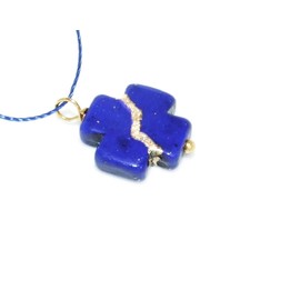 Kintsugi Petite 16mm Square Cross Lapis-Blue Howlite, Broken, Mended with 23k Gold, Cord Necklace