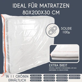 Plastic Mattress Cover 80 x 200 cm (Thickness 30 cm) - Storage Bag for Mattress Protection for Your Mattress for Storage - Mattress Storage Bag with Practical Zip