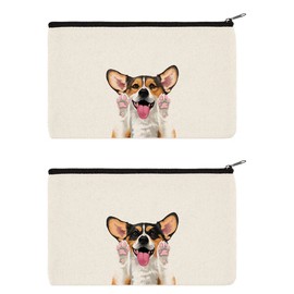 WIRESTER Set Of 2 Canvas Zipper Makeup Bag, Cosmetic Pouch, Organizer Case for Women Girl, Multi-Purpose Travel Cosmetic Bag - Cute Black Tan Welsh Corgi Dog, Cute Sable Welsh Corgi Dog