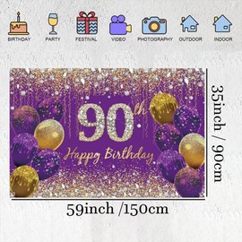 90th Birthday Decorations for Women, Purple Fabric Sign Poster Birthday Party Decoration, 90th Birthday Background Banner Women, 90th Birthday Party Decoration