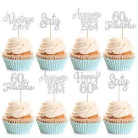 30 piezas de adornos para magdalenas de feliz cumpleaños 60 con purpurina, 60 piezas clásico de 1963 para magdalenas, 60 fabulosas decoraciones para tartas para 60 cumpleaños, boda, aniversario, fiesta, suministros plateados