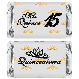 Mis Quince Miniature Candy Bar Wrapper, Quinceanera Mini Chocolate Bar Stickers for 15 Birthday Party, Table Top Event Decorations, (Set of 60) Candy Not Included. (Black)