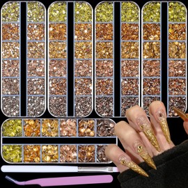 editTime 5 Boxes Lemon Yellow Champagne Brown Gold Shiny Colorful Nail Art Rhinestones Nail Stone Gems Design Kit with a Curved Tweezers and a Nail Brush (Yellow)
