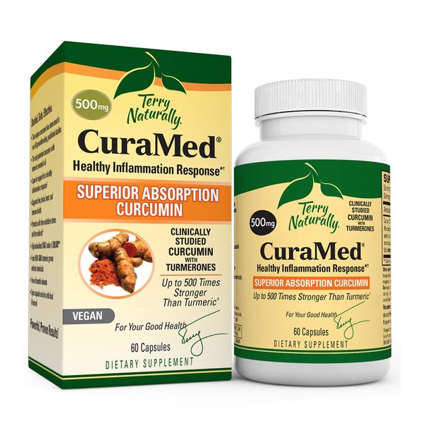 Terry Naturally CuraMed 500 mg Vegan - 60 Capsules - Superior Absorption BCM-95 Curcumin Supplement, Promotes Healthy Inflammation Response - Non-GMO, Gluten-Free, Halal - 60 Servings