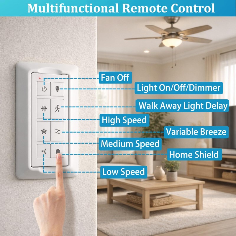 Ceiling Fan Remote Control with Light Dimmer, 3 Speeds Wall