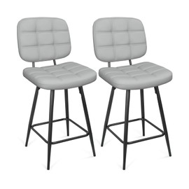 ERGOSEAT Bar Stools Set of 2, 24 Inch Upholstered Metal Barstool with Back and Footrest, Bar Chair with Metal Base for Dining Room Counter Island, Light Grey