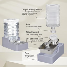 Sfozstra Upgraded Dog Water Bowl Dispenser, Stainless Steel Bowl, Automatic Gravity Cat Water Dispenser, BPA-Free, Large Capacity Water Dispenser with Two Caps and Filters(Light Gray, 8L+)