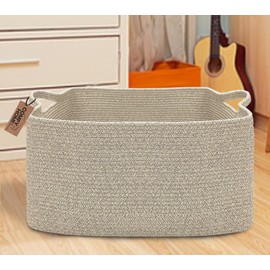 COMFY-HOMI Large Rectangular Blanket Basket, Woven Cotton Rope Baskets for Storage, Laundry Hamper Basket, Storage Bin,Toy Organizing Bin with Handle, Organization and Storage-22x15x12”-Brown