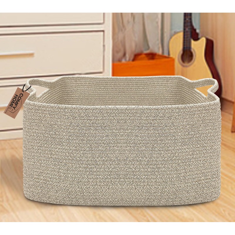 COMFY-HOMI Large Rectangular Blanket Basket, Woven Cotton Rope Baskets for