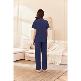 Ekouaer Women's 100% Cotton Pajamas Set Short Sleeve Button Down Pjs 2 Piece Soft Sleepwear with Long Pants Lounge Set Navy Blue X-Large