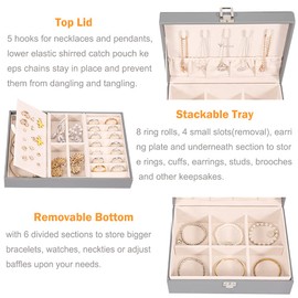 Voova Jewelry Box Organizer for Women Girls,2 Layer Large Men Jewelry Storage Case, PU Leather Display Jewellery Holder with Removable Tray for Necklace Earrings Rings, Grey