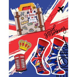 Rainbow Socks - Women's Men's England Funny Socks Suitcase - English Breakfast Tea Queen Elizabeth Beans - 1 Pair, 1 x National Socks Box England