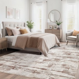 Abstract Living Room Rug 9x12 - Modern Washable Soft Thin Area Rug for Living Room Bedroom Under Dining Table - Neutral Indoor Floor Rug Carpets for Home Office Playroom Nursery - Light Brown