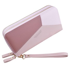 Women's Wallet with Double Zip, Polyurethane Leather Phone Wallet, Large Capacity, Long Clutch Purse with Multiple Card Slots and Wrist Strap, Pink (pink 4)