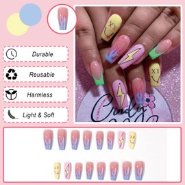 Ceboic Glue-On Nails, Colourful French Artificial Nails, Coffin Artificial Nails, Press On Nails with Flames, Smiley, 24 Pieces, Ballerina Acrylic Nails, False Nails for Women and Girls