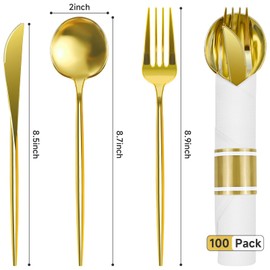 100Pack Gold Pre Rolled Plastic Silverware - Wrapped Gold Plastic Cutlery Set Include 100 Forks, 100 Knives, 100 Spoons and 100 Napkins, Heavy Duty Disposable Silverware for Party, Wedding, Christmas