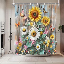 HYEEHY Rustic Sunflower Shower Curtain Farmhouse Floral Butterfly Daisy Vintage Spring Flowers Elegant Wooden Plank Country Shower Curtains Set Bathroom Polyester Fabric with Hooks (70" W x 70" L)
