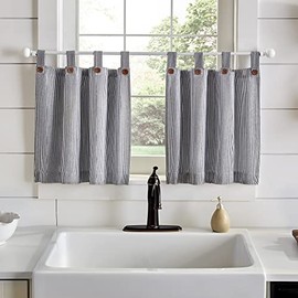 Elrene Home Fashions Tucker Ticking Stripe Tier Window Curtains for Kitchen or Bathroom, 30 Inches by 24 Inches, Black, Set of 2