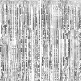 2 Pack Silver Streamers Party Decorations Tinsel Curtain Party Backdrop Glitter Foil Fringe Backdrop for New Year Wedding Baby Shower Bachelorette Birthday Decorations