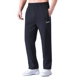 Zoulee Men's Open-Bottom Cotton Track Pants Sweatpants Jogging Pants with Zip Fly Thin Black L
