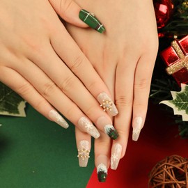 Christmas Press on Nails Square Medium 24Pcs Green Christmas Fake Nails Sets Glossy Full Cover Acrylic Xmas Winter False Nails with Gold Snowflake Gems Designs Holiday False Glue Fingernails