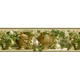 CONCORD WALLCOVERINGS ™ Wallpaper Border Vintage Pattern Vases Grapes Ivy Magnolia for Cottage Bedroom Living Room, Beige Green, 15 Feet by 7 Inches SG30427