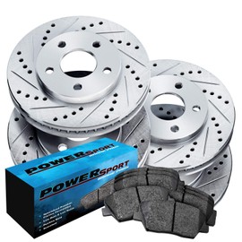 PowerSport Front Rear Silver Drilled Slotted Brake Rotors and Ceramic Pads Compatible For 1982-1988 Nissan 200SX, Maxima