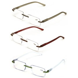 V.W.E. 3 Pairs of lightweight reading glasses with spring hinges and storage case - Rimless Modern Classic Design (3 Assorted Pairs, 3.00)