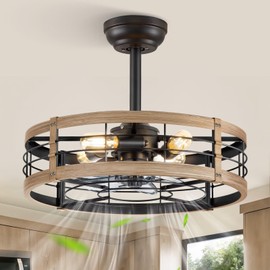 LEDIARY 20 Inch Fandelier Caged Ceiling Fan with Light, Bladeless Ceiling Fan with Remote, Small Farmhouse Fan Lights Ceiling Fixtures for Kitchen, Bedroom-Brown