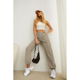 Women High Waisted Cargo Pants Wide Leg Casual Pants 6 Pockets Combat Military Trousers