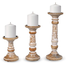 Pillar Candle Holders- Rustic White Hand Carved Mango Wood Candle Holders for Pillar Candles in Home, Living Room, Kitchen or Table Centerpiece Set of 3 Candlestick Holders- 6", 9", 12" for Home Decor