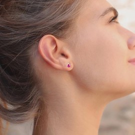 Tirafina Diamonds and Genuine Ruby Stud Earrings, 3 Round Shaped Diamonds Set Above a Genuine Ruby, 3 Natural Round Diamond Stones, 14K Rose Gold, 4.5mm Stone