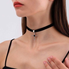 TseenYi Black Velvet Choker Necklace Silver Cross Pendant Neckalce Goth Cross Velvet Necklace Short Crucifix Suede Necklace Punk Black Velvet Collar Necklace Jewelry for Women and Girls