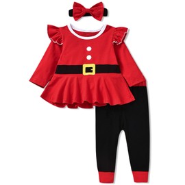 fioukiay Toddler Baby Girls 3pcs Christmas Santa Claus Clothes Little Kids Infant Buffalo Reindeer Outfits Tunic Pants Sets for Xmax (Red, 12 Months)