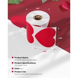 MUNBYN 3" Heart Thermal Stickers, Red Love Adhesive Labels for Gift, Wedding, Anniversary, Valentine's Day, Small Business, 400 Labels/1 Roll