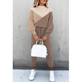 Fixmatti Sweatsuits for Women Set 2 Piece Colorblock Outfits Lantern Sleeve Sweatshirt and Pant Jogger Suit Khaki M