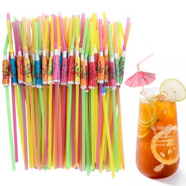 100pcs Umbrella Drinking Straws, Disposable Plastic Straws, Tropical Hawaiian Beach Cocktail Pool Luau Party Decorations Supplies