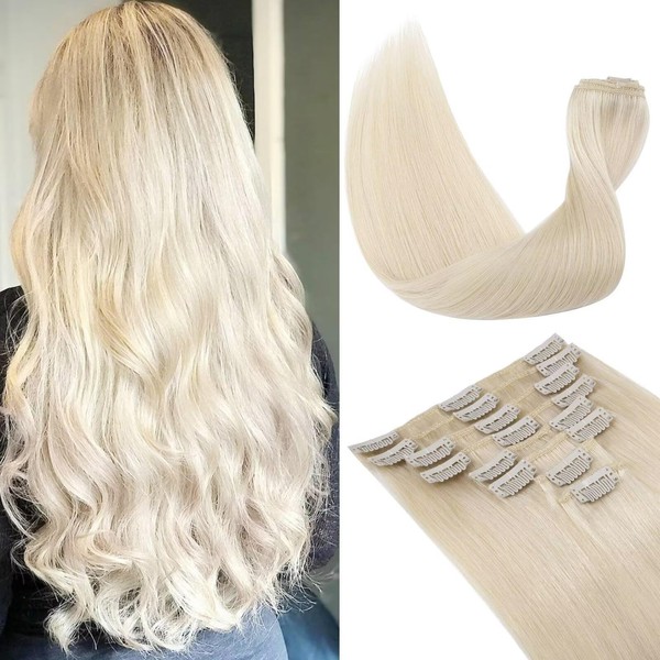 Tess Clip-In Real Hair Extensions, Remy Human Hair Extensions, 18 Clips, 8 Wefts, Long & Straight, 60 cm, 80 g, #60 White Blonde