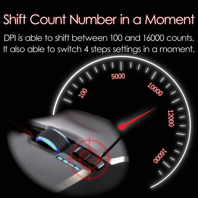 erekomu Gaming Mouse/Optical/16000DPI/13 Buttons/Wired/Black