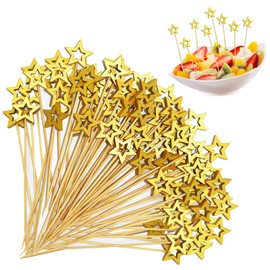 SHENSAIGO Pack of 60 Star Cocktail Skewers, 12 cm Finger Food Skewers Christmas, Gold Stars Wooden Skewers, Cocktail Accessories, Toothpicks, Wood, Party Skewers, Cocktail Decoration for Bar, Party,