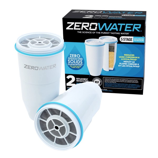 ZeroWater Official Replacement Filter - 5-Stage Filter Replacement 0 TDS for Improved Tap Water Taste - NSF Certified to Reduce Lead, Chromium, and PFOA/PFOS, 2-Pack