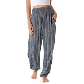 Lotus and Luna Women's Harem Pants for Beach & Lounge High Waisted Flowy Boho Yoga Pants (Charcoal Grey Tribal Stripe, Regular Small)