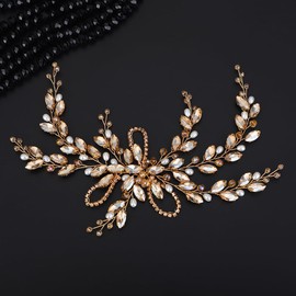 Teyglen Bride Crystal Wedding Hair Vine Champagne Rhinestone Hair Piece Bridal Crystal and Pearl Beads Headdband Boho Headpiece Hair Accessories for Women Girls (Champagne)