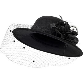 Women Black Veil Wide Brim Bowler Hat Flower Decor Floppy Church Cap Kentucky Hat Derby Hat Wedding Party Hat Medium
