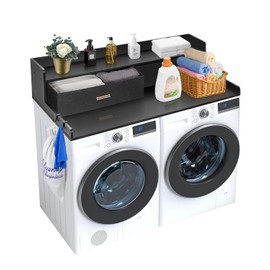 VEVOR 2 Drawers Washer Dryer Countertop with Shelf, 54" x 27" Wooden Laundry Countertop with 2 Hooks & Non-Slip Pads, Washer and Dryer Covers for The Top, Laundry Room Organization and Storage, Black