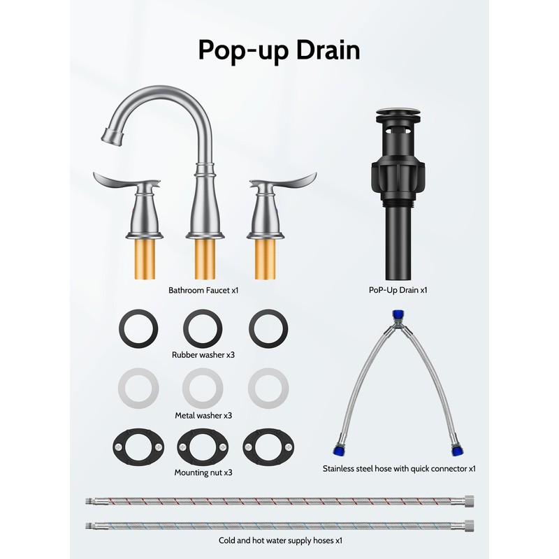 Kicimpro 3 Hole Bathroom Faucet with Pop -Up Drain for